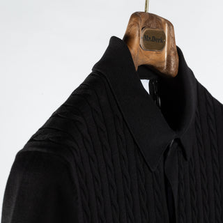 Gran Sasso Black Cable & Ribbed Knit Polo - Cotton, Made In Italy - Detail View
