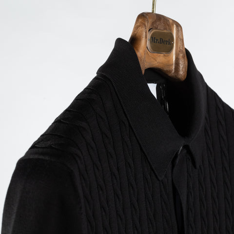 Gran Sasso Black Cable & Ribbed Knit Polo - Cotton, Made In Italy - Detail View