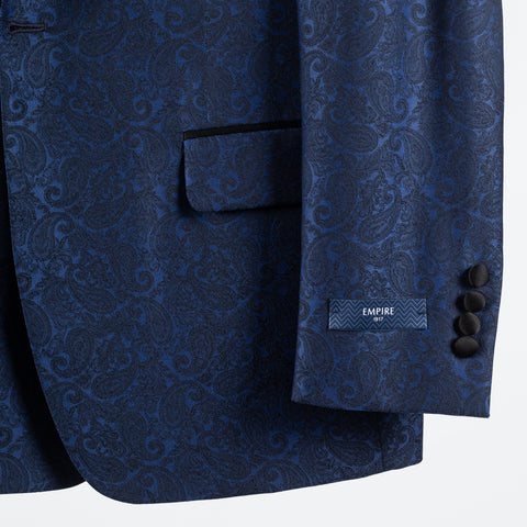 Empire Navy Paisley Notch Lapel Dinner Jacket - Wool, Silk, Leather, Made In Canada - Back View