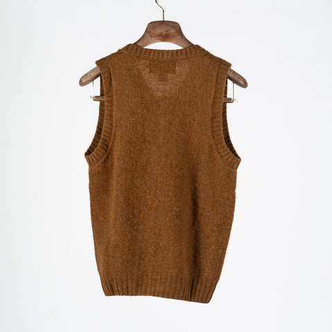 Harley Of Scotland Medium Brown Shaggy Slipover Vest - Wool, Knit, Made In Scotland - Back View