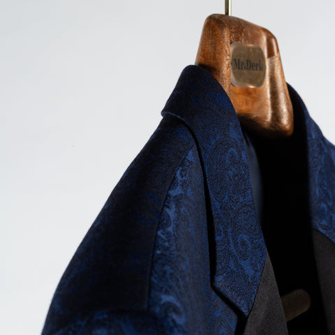 Empire Navy Paisley Notch Lapel Dinner Jacket - Wool, Silk, Leather, Made In Canada - Detail View