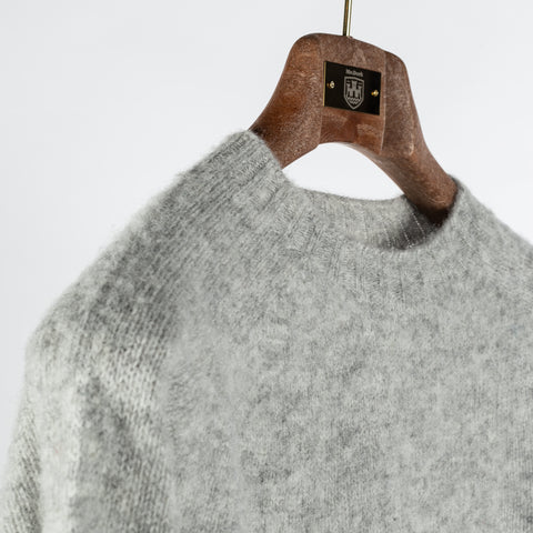 Harley Of Scotland Light Grey Shaggy Crewneck Sweater - Wool, Cashmere, Knit, Made In Scotland - Detail View