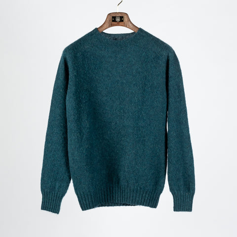 Harley Of Scotland Teal Shaggy Crewneck Sweater - Red, Wool, Cashmere, Scottish, Tailored Fit, Knit, Made In Scotland