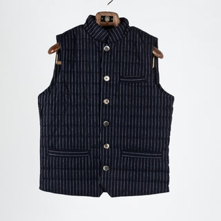 Stenstroms Navy Pinstripe Padded Vest - Tan, Wool, Twill, Polyester