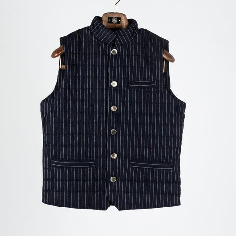 Stenstroms Navy Pinstripe Padded Vest - Tan, Wool, Twill, Polyester