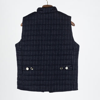 Stenstroms Navy Pinstripe Padded Vest - Tan, Wool, Twill, Polyester - Back View