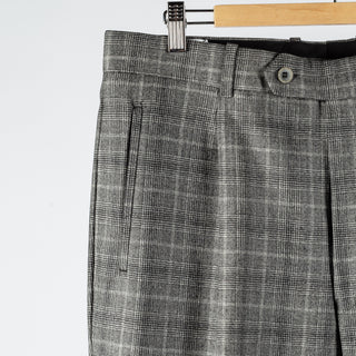 Gala Grey Glen check Single Pleated Trousers - Navy, Wool, Merino, Suede, Classic Fit, Made In Canada - Detail View