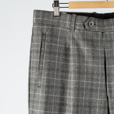 Gala Grey Glen check Single Pleated Trousers - Navy, Wool, Merino, Suede, Classic Fit, Made In Canada - Detail View