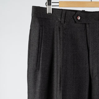 Gala Charcoal Glen check Single Pleated Trousers - Navy, Wool, Merino, Suede, Classic Fit, Made In Canada - Detail View
