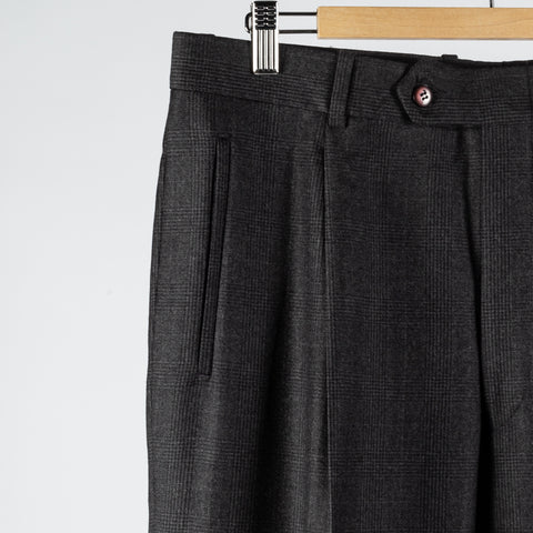 Gala Charcoal Glen check Single Pleated Trousers - Navy, Wool, Merino, Suede, Classic Fit, Made In Canada - Detail View