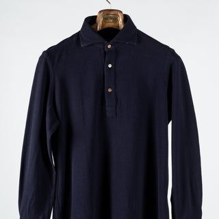 Informale Navy P014 Long Sleeve Polo - Cotton, Flannel, Leather, Relaxed Fit, Herringbone, Made In Italy - View 6