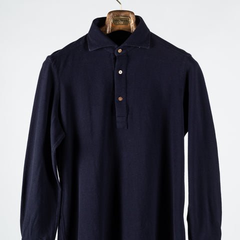 Informale Navy P014 Long Sleeve Polo - Cotton, Flannel, Leather, Relaxed Fit, Herringbone, Made In Italy - View 6