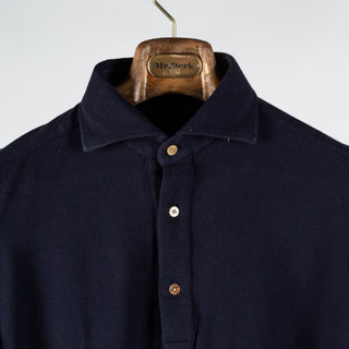 Informale Navy P014 Long Sleeve Polo - Cotton, Flannel, Leather, Relaxed Fit, Herringbone, Made In Italy - View 7
