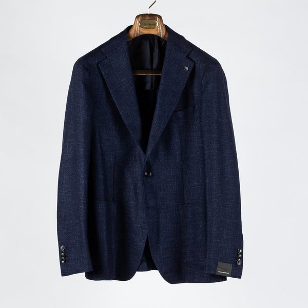 Textured Navy Wool Silk Blend Blazer