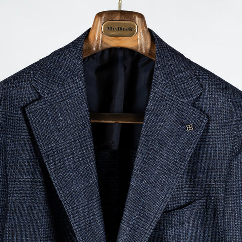 Tagliatore Navy Wool Silk Cashmere Check Blazer 7