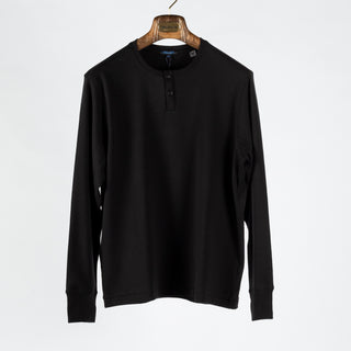PYA Black Stretch Long Sleeve Henley - Cotton, Silk, Pima Cotton, Slim Fit, Made In Peru