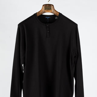 PYA Black Stretch Long Sleeve Henley - Cotton, Silk, Pima Cotton, Slim Fit, Made In Peru - View 6