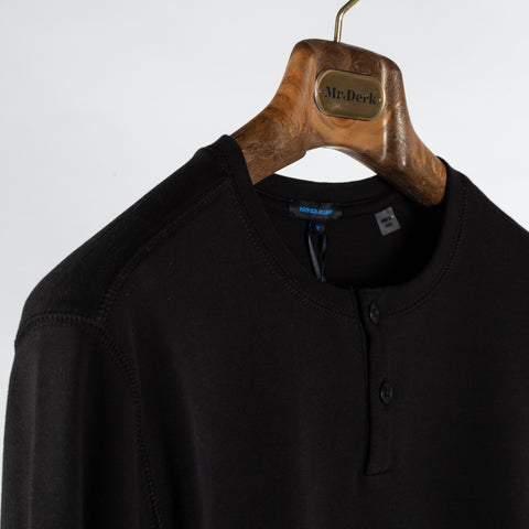 PYA Black Stretch Long Sleeve Henley - Cotton, Silk, Pima Cotton, Slim Fit, Made In Peru - Detail View