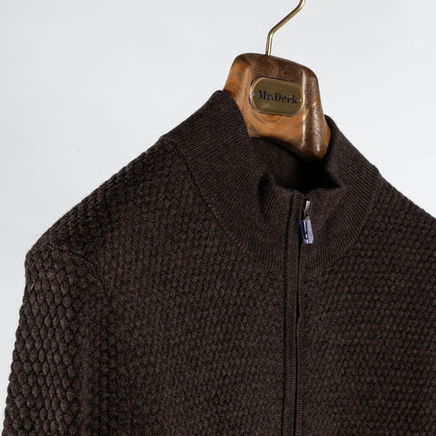 PYA Brown Wool Bubble Stitch Full Zip Cardigan - Wool, Merino, Regular Fit, Knit - Detail View