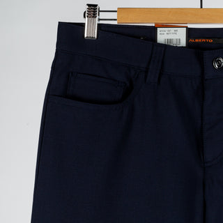 Alberto Navy 1351 Pipe Trousers - Polyester, Viscose, Stretch, Slim Fit, Textured, Made In Germany - Detail View