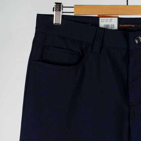 Alberto Navy 1351 Pipe Trousers - Polyester, Viscose, Stretch, Slim Fit, Textured, Made In Germany - Detail View