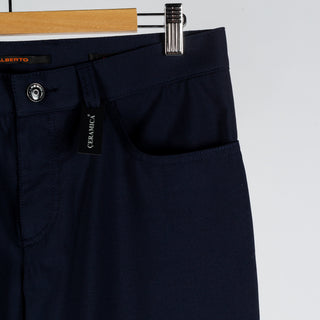 Alberto Navy 1351 Pipe Trousers - Polyester, Viscose, Stretch, Slim Fit, Textured, Made In Germany - Back View