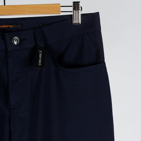 Alberto Navy 1351 Pipe Trousers - Polyester, Viscose, Stretch, Slim Fit, Textured, Made In Germany - Back View