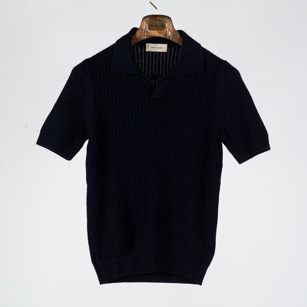 Navy Skipper Polo in Openwork Stitch Knit