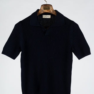 Gran Sasso Navy Skipper Polo in Openwork Stitch Knit 5