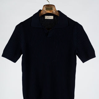 Gran Sasso Navy Skipper Polo in Openwork Stitch Knit - Cotton, Textured, Made In Italy - View 5