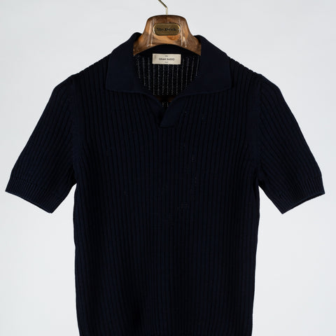 Gran Sasso Navy Skipper Polo in Openwork Stitch Knit - Cotton, Textured, Made In Italy - View 5