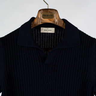 Gran Sasso Navy Skipper Polo in Openwork Stitch Knit - Cotton, Textured, Made In Italy - View 6