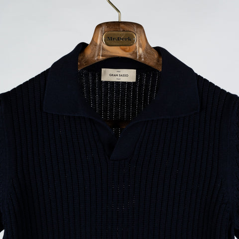 Gran Sasso Navy Skipper Polo in Openwork Stitch Knit - Cotton, Textured, Made In Italy - View 6
