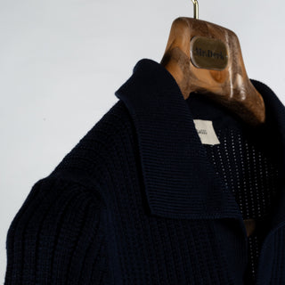 Gran Sasso Navy Skipper Polo in Openwork Stitch Knit - Cotton, Textured, Made In Italy - Detail View