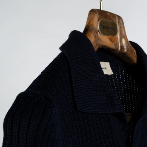 Gran Sasso Navy Skipper Polo in Openwork Stitch Knit - Cotton, Textured, Made In Italy - Detail View