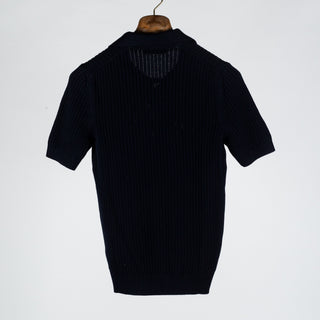 Gran Sasso Navy Skipper Polo in Openwork Stitch Knit - Cotton, Textured, Made In Italy - Back View
