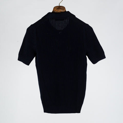 Gran Sasso Navy Skipper Polo in Openwork Stitch Knit - Cotton, Textured, Made In Italy - Back View