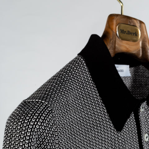 Gran Sasso Black & White Jacquard Knit Polo - Cotton, Made In Italy - Detail View