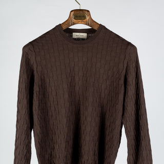 Gran Sasso Brown Patterned Checked Crew Neck - Cotton, Made In Italy - View 5