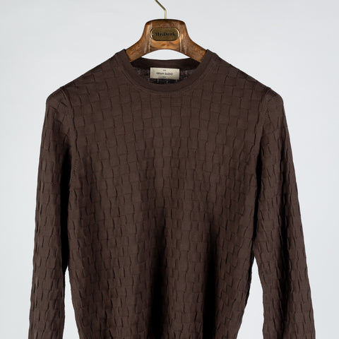 Gran Sasso Brown Patterned Checked Crew Neck - Cotton, Made In Italy - View 5