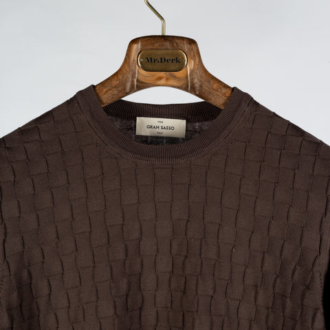 Gran Sasso Brown Patterned Checked Crew Neck - Cotton, Made In Italy - View 6