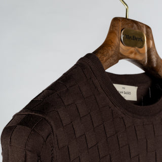 Gran Sasso Brown Patterned Checked Crew Neck - Cotton, Made In Italy - Detail View