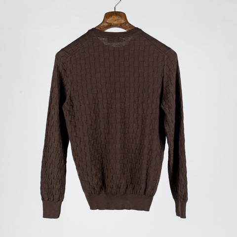 Gran Sasso Brown Patterned Checked Crew Neck - Cotton, Made In Italy - Back View