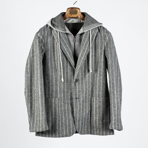 Fradi Grey Chalk Strip Hooded Blazer - Wool, Jersey, Polyester, Stripe, Made In Italy