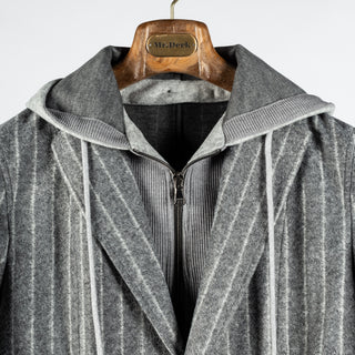 Fradi Grey Chalk Strip Hooded Blazer - Wool, Jersey, Polyester, Stripe, Made In Italy - View 7