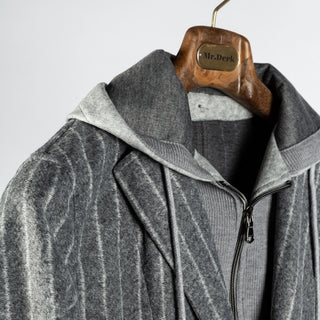 Fradi Grey Chalk Strip Hooded Blazer - Wool, Jersey, Polyester, Stripe, Made In Italy - Detail View