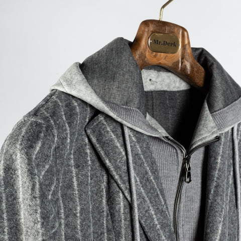 Fradi Grey Chalk Strip Hooded Blazer - Wool, Jersey, Polyester, Stripe, Made In Italy - Detail View