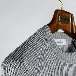 Gran Sasso Grey Ribbed Crew Neck - Cotton, Linen, Textured, Made In Italy - Detail View