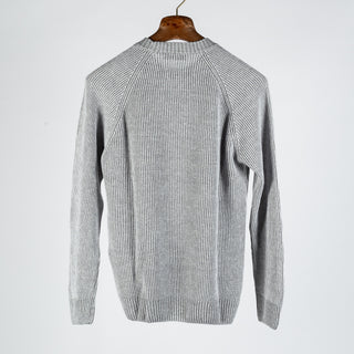 Gran Sasso Grey Ribbed Crew Neck - Cotton, Linen, Textured, Made In Italy - Back View