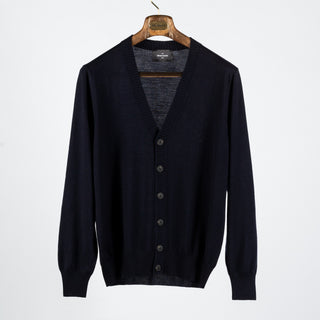 Gran Sasso Navy 6 Button Wool Cardigan - Wool, Merino, Ribbed, Made In Italy